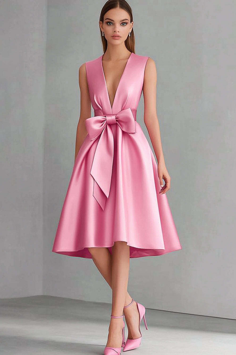 Leely Women Pink Satin A Line Midi Wedding Guest Dress with Bow Deep V-Neck Sleeveless Semi-Formal Dress