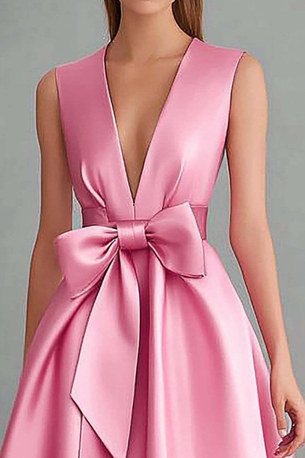Pink Satin V Neck A Line Midi Wedding Guest Dress with Bow