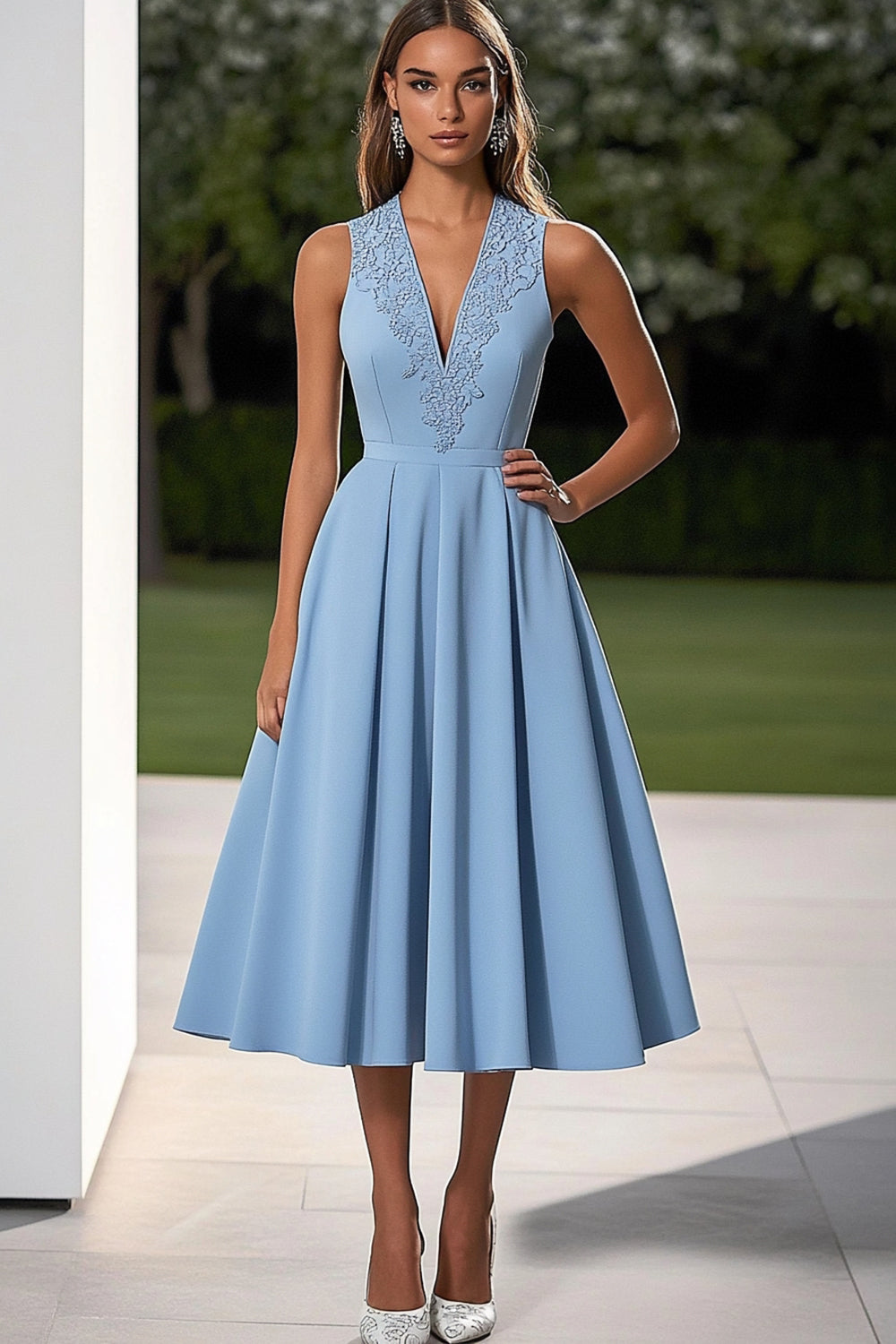 Sky Blue Deep V-Neck A Line Tea Length Wedding Guest Dress with Appliques
