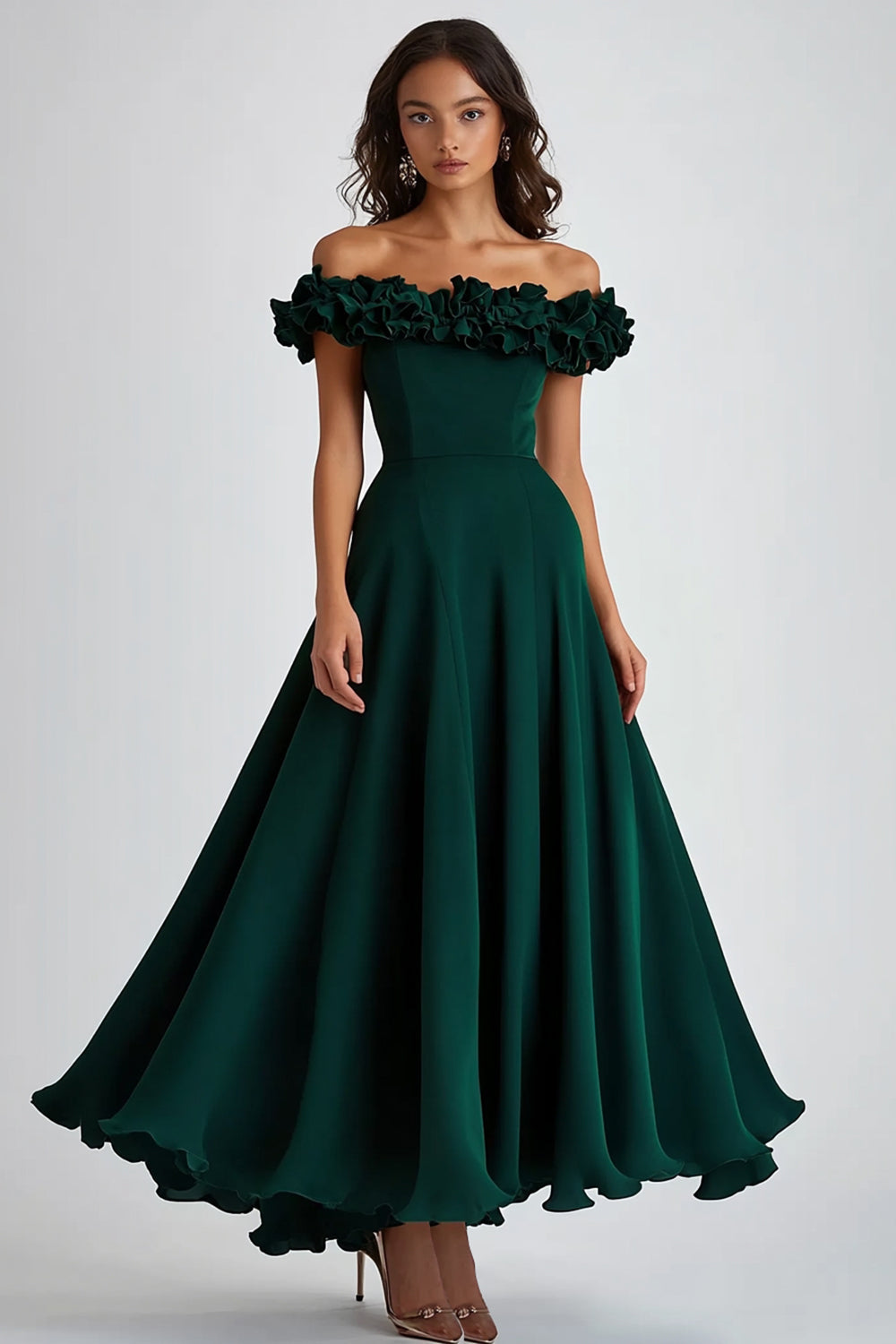 A Line Dark Green Off the Shoulder Long Wedding Guest Dress with Ruffles