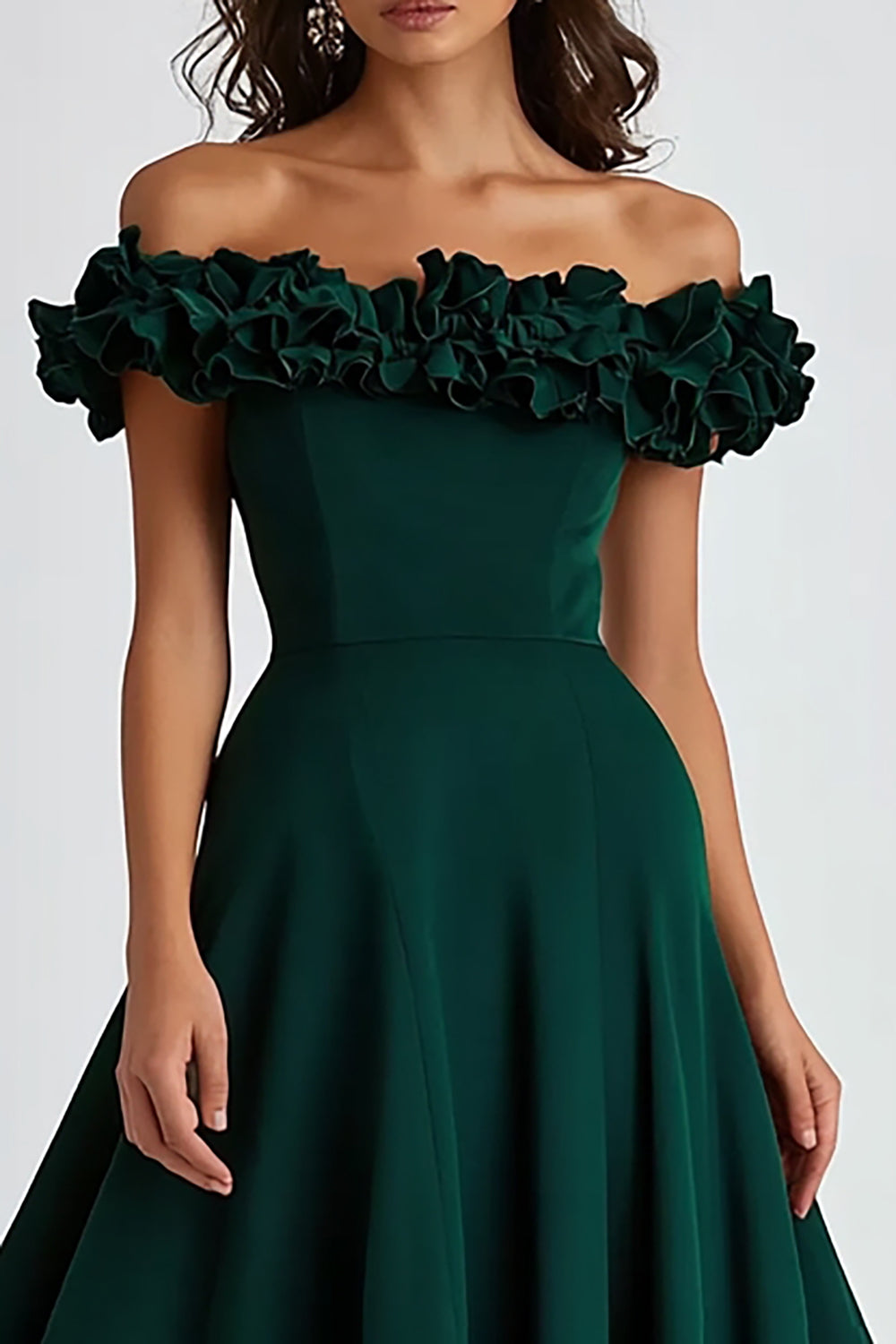 A Line Dark Green Off the Shoulder Long Wedding Guest Dress with Ruffles