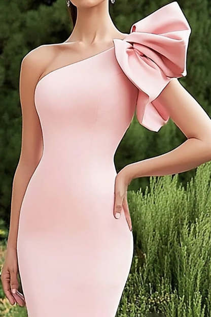 Pink One Shoulder Mermaid Satin Maxi Wedding Guest Dress with Ruffles