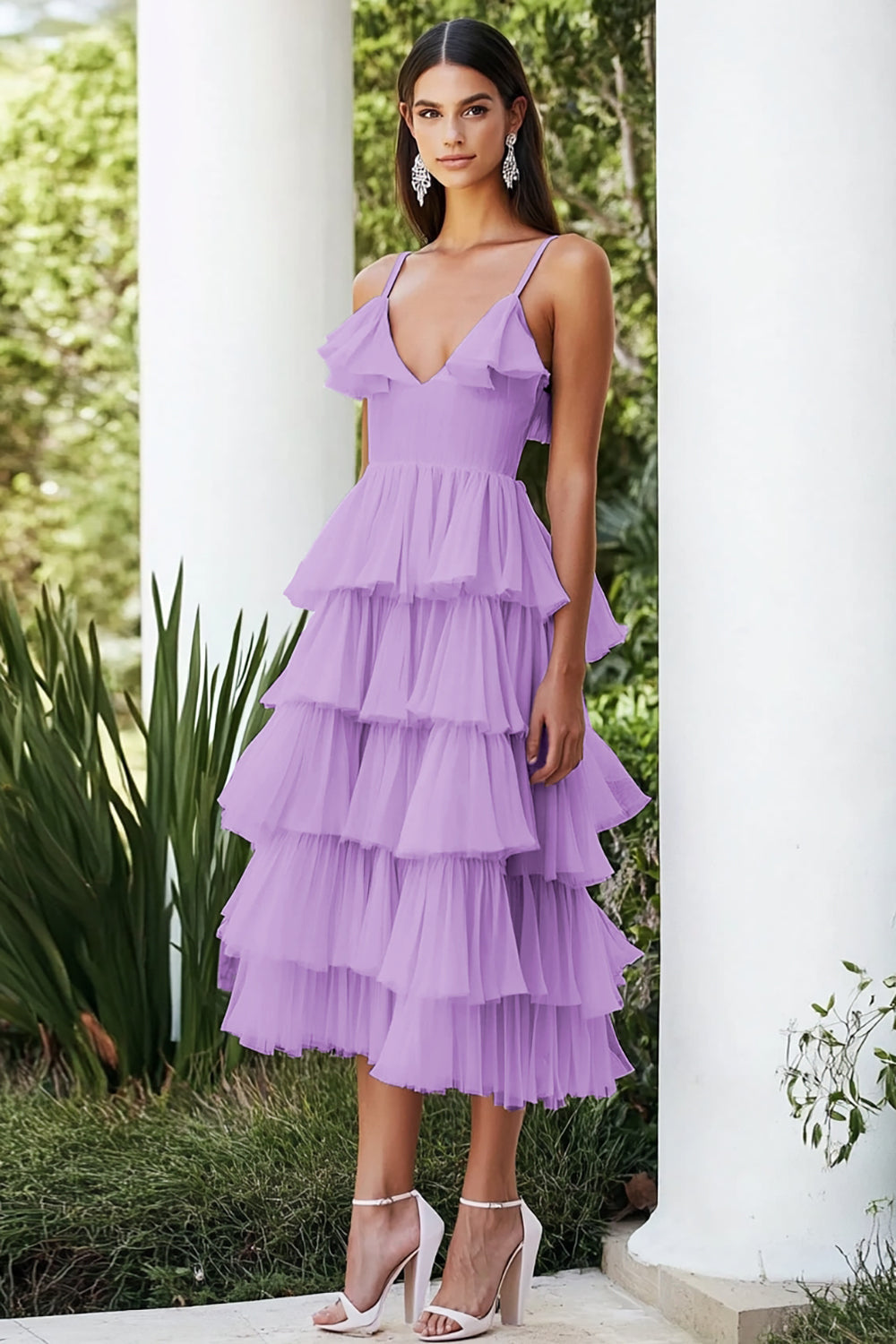 Lilac Chiffon V-Neck Tiered A Line Tea Length Wedding Guest Dress