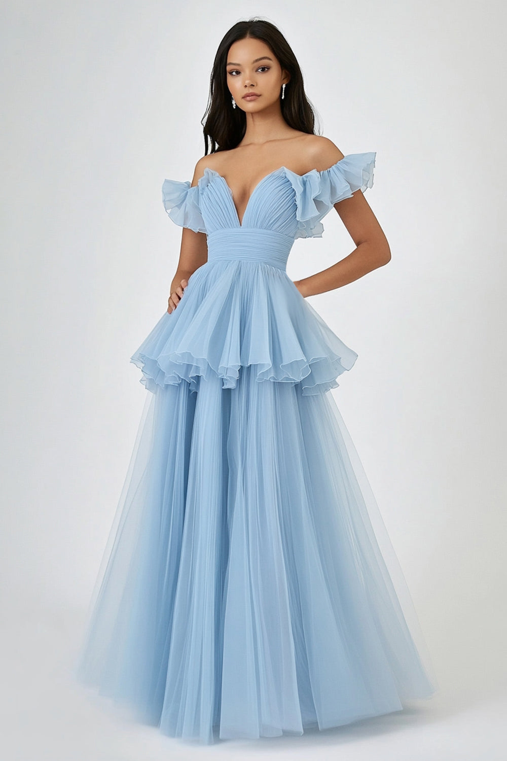 Sky Blue Off the Shoulder A Line Tulle Long Wedding Guest Dress with Ruffles