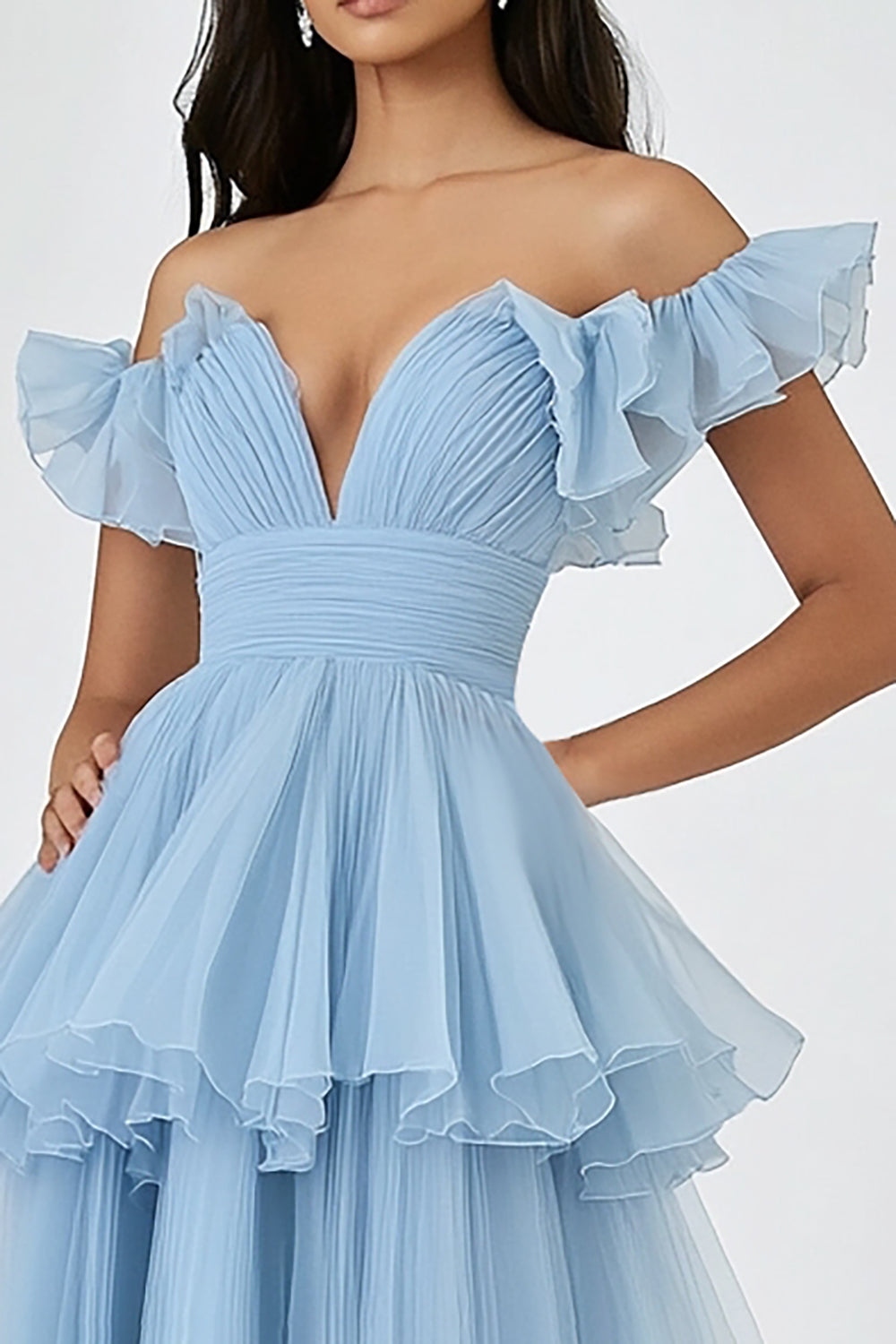 Sky Blue Off the Shoulder A Line Tulle Long Wedding Guest Dress with Ruffles