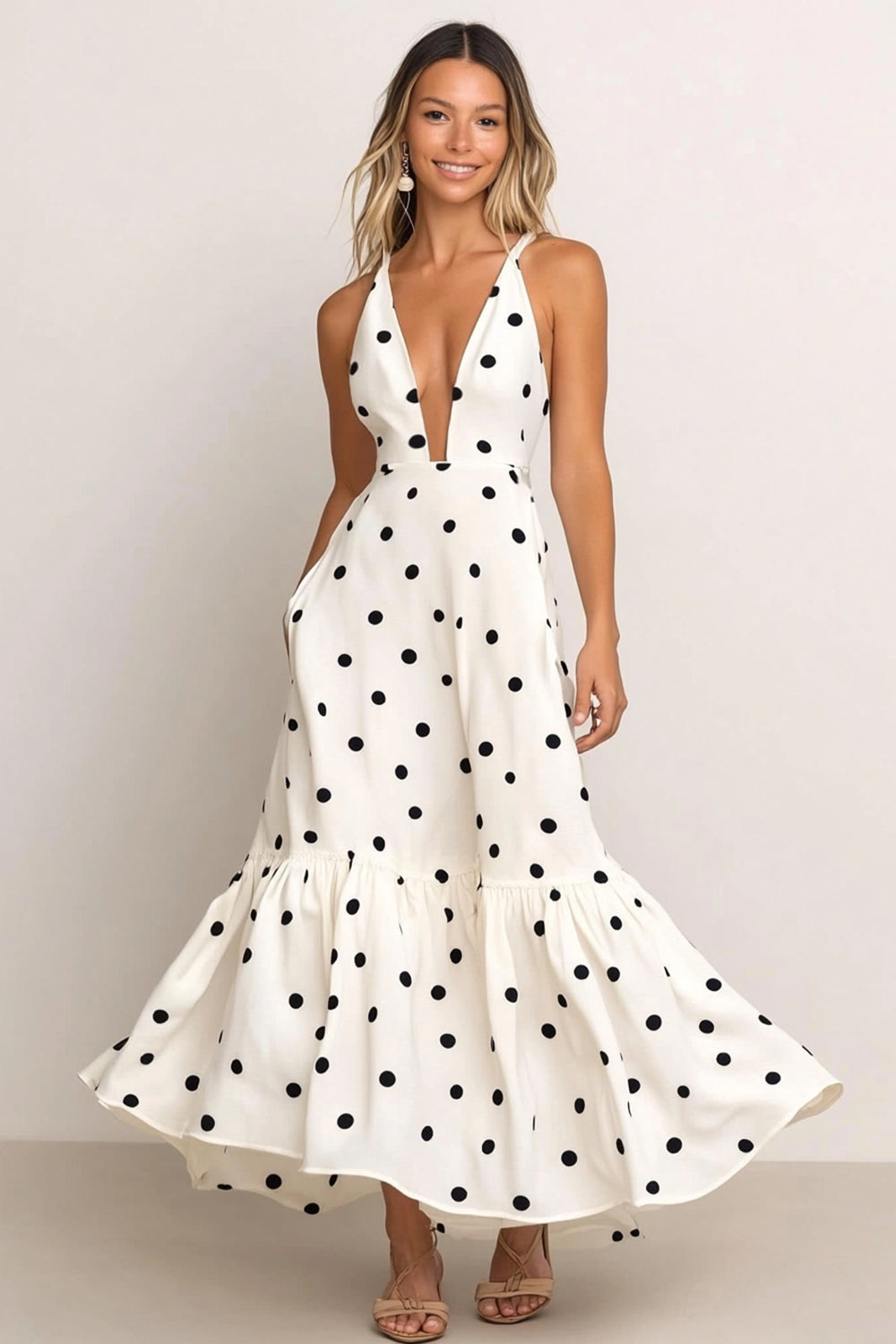 White Black Polka Dots A Line V-Neck Satin Long Wedding Guest Dress