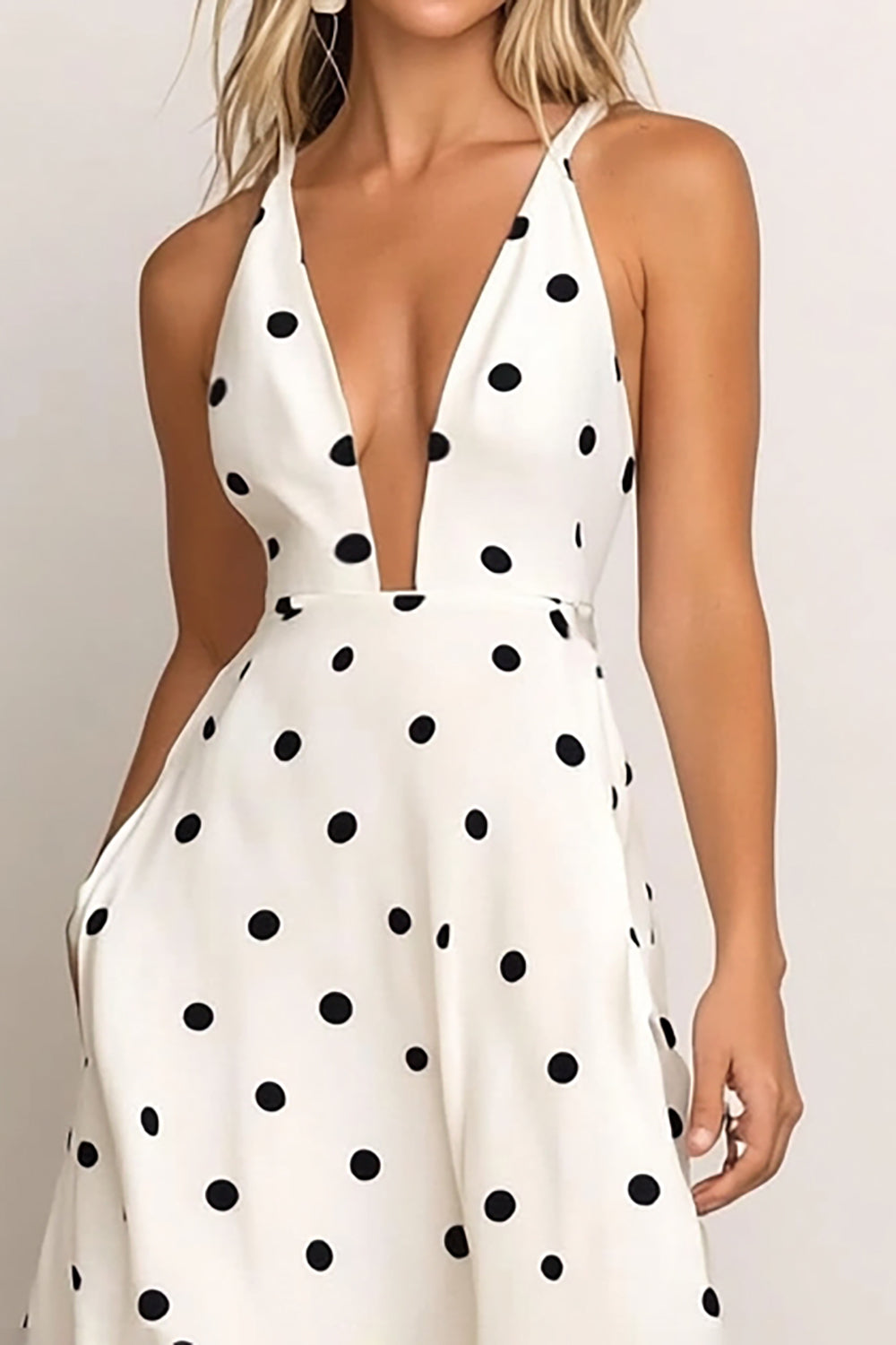 White Black Polka Dots A Line V-Neck Satin Long Wedding Guest Dress
