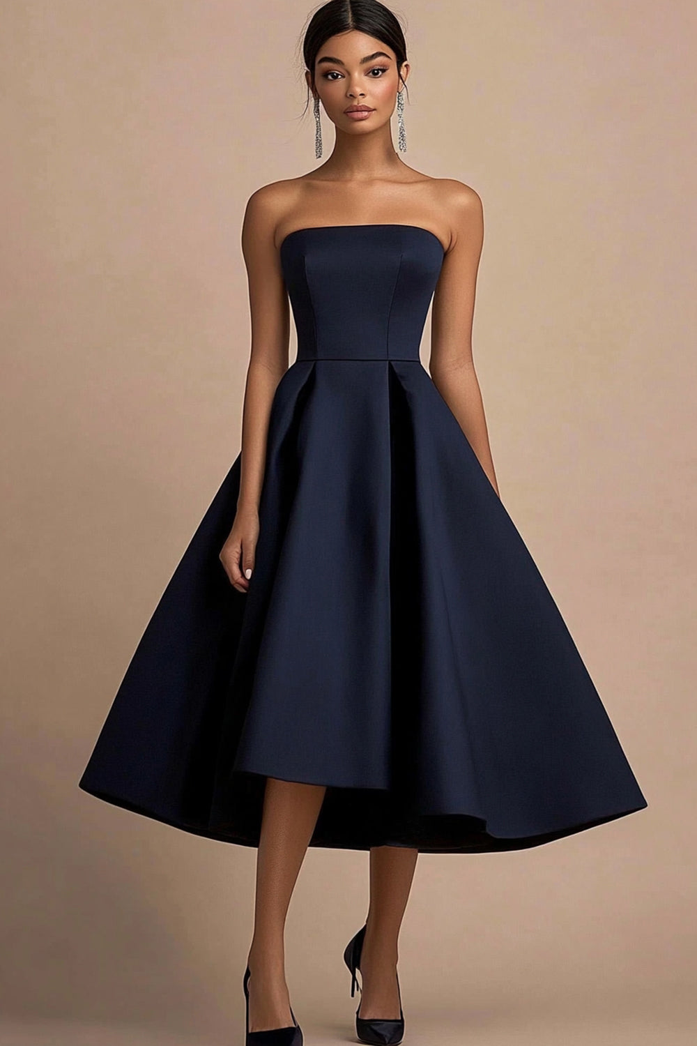 Navy Satin A Line Strapless Midi Wedding Guest Dress