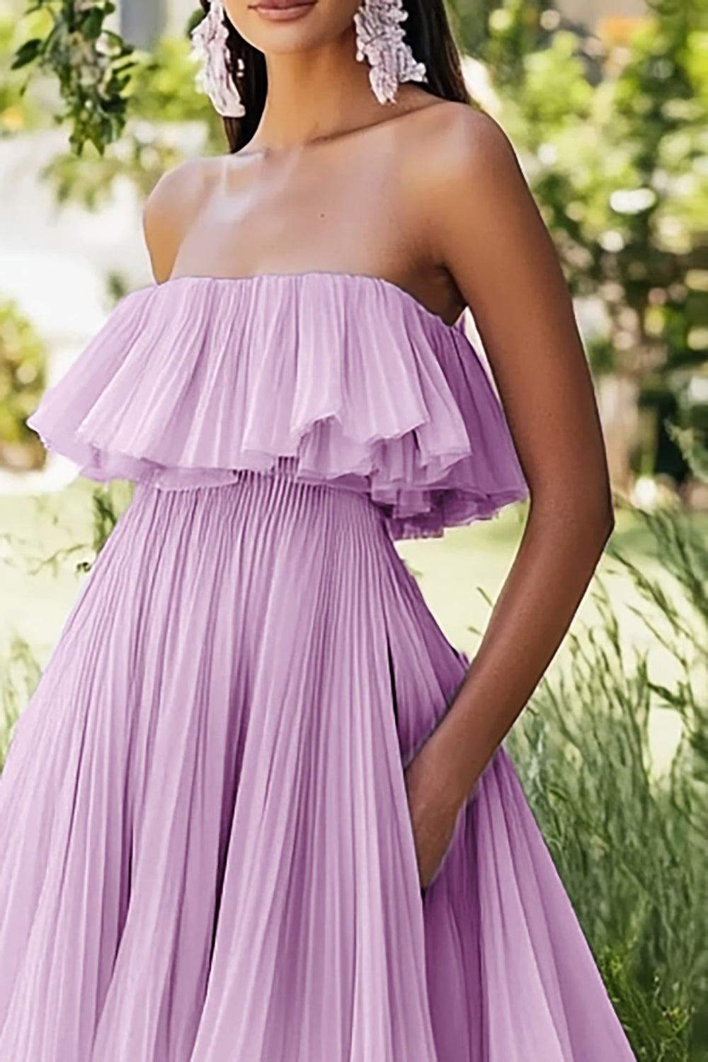 Lilac Pleated Strapless Asymmetrical Wedding Guest Dress with Ruffles