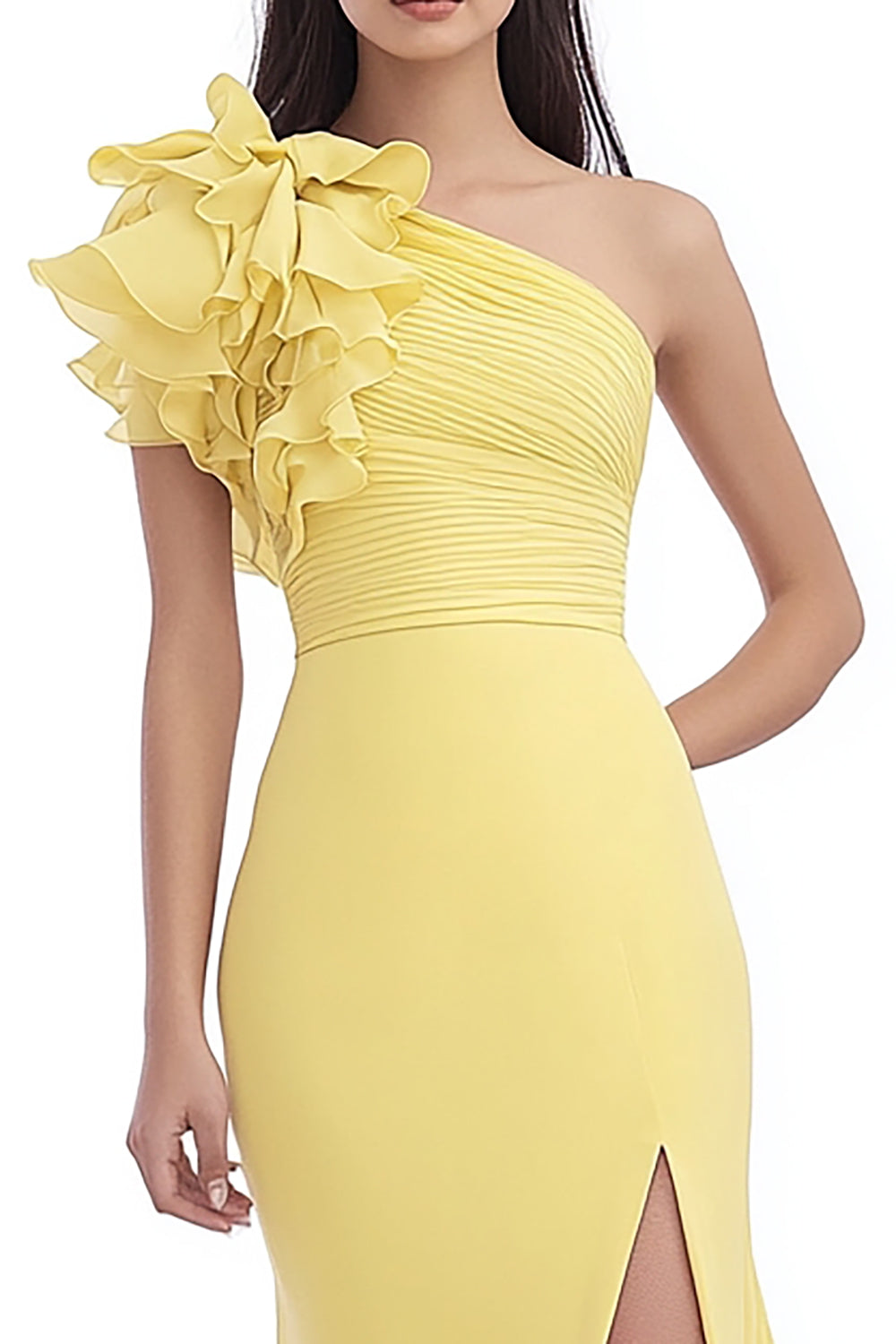 Daffodil Chiffon Sheath Ruched Maxi Wedding Guest Dress with Slit