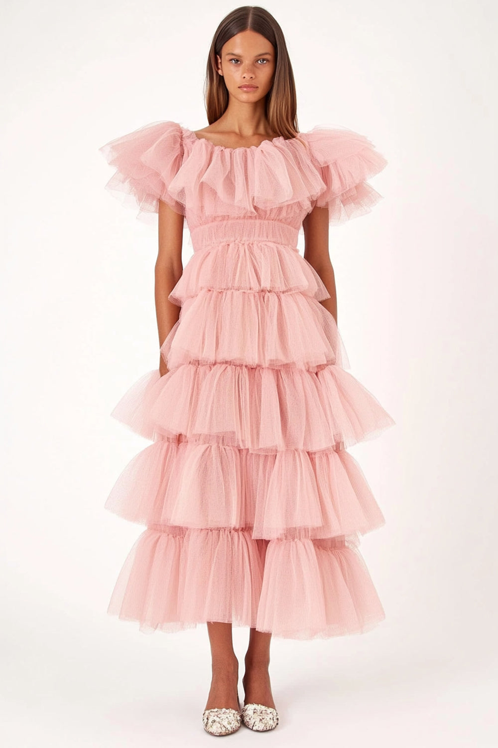 Pink Tiered A Line Ruffled Long Wedding Guest Dress