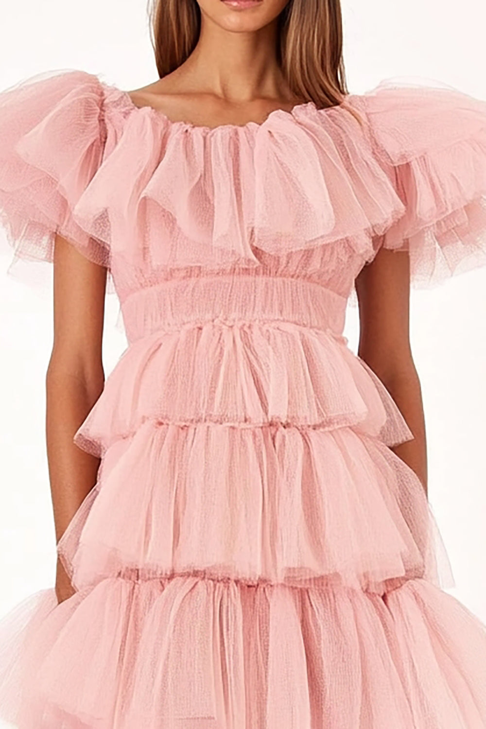 Pink Tiered A Line Ruffled Long Wedding Guest Dress