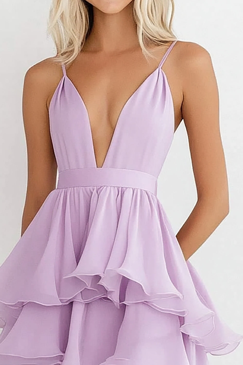 Lilac V Neck Chiffon Tiered Knee-Length A Line Wedding Guest Dress