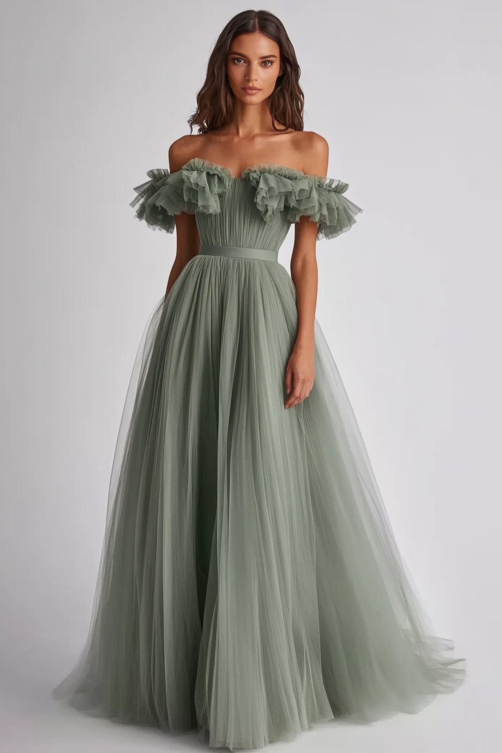 Dusty Sage A Line Tulle Long Wedding Guest Dress with Ruffles