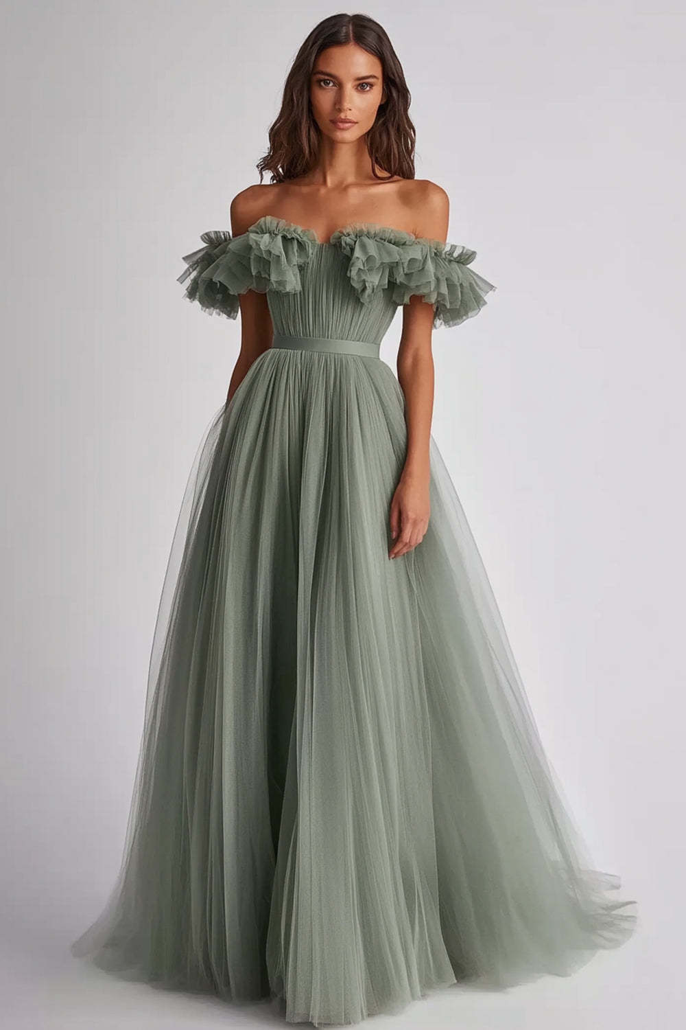 Leely Women Dusty Sage Tulle Ball Gown Maxi Wedding Guest Dress Ruffled Off the Shoulder A Line Prom Dress