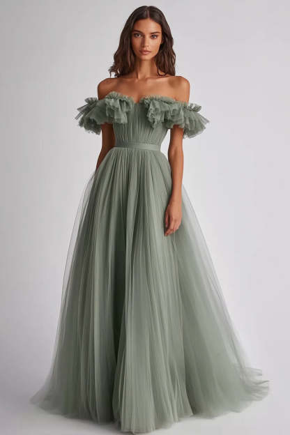 Leely Women Dusty Sage Tulle Ball Gown Maxi Wedding Guest Dress Ruffled Off the Shoulder A Line Prom Dress