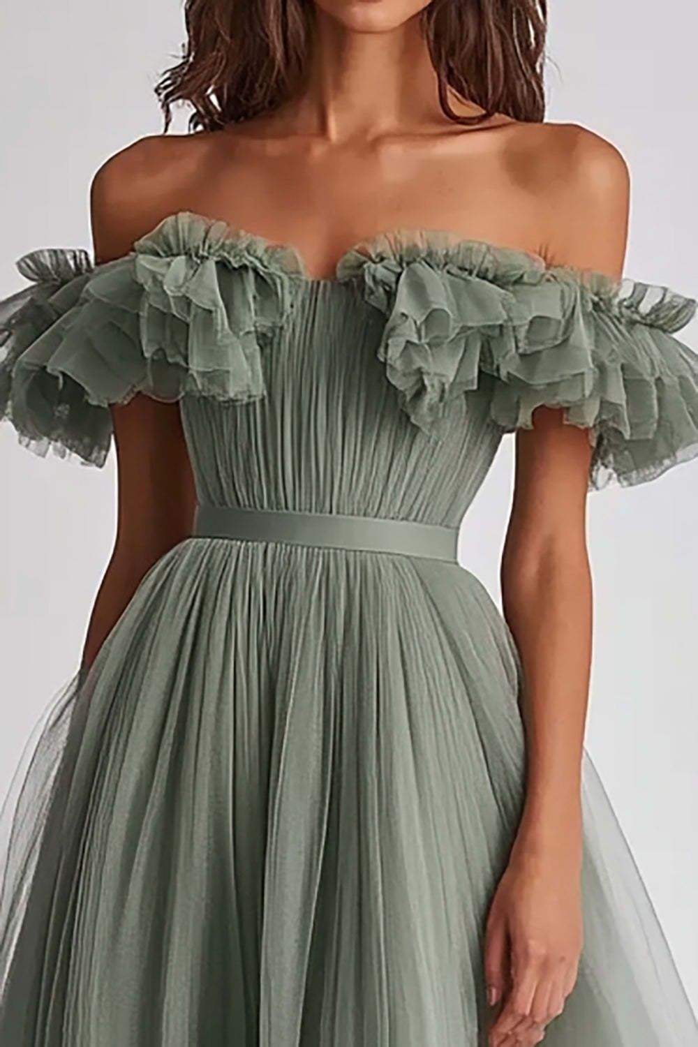 Dusty Sage A Line Tulle Long Wedding Guest Dress with Ruffles