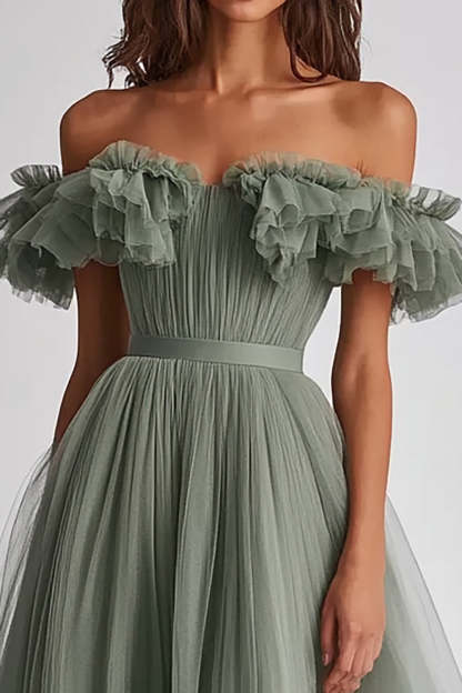 Dusty Sage A Line Tulle Long Wedding Guest Dress with Ruffles