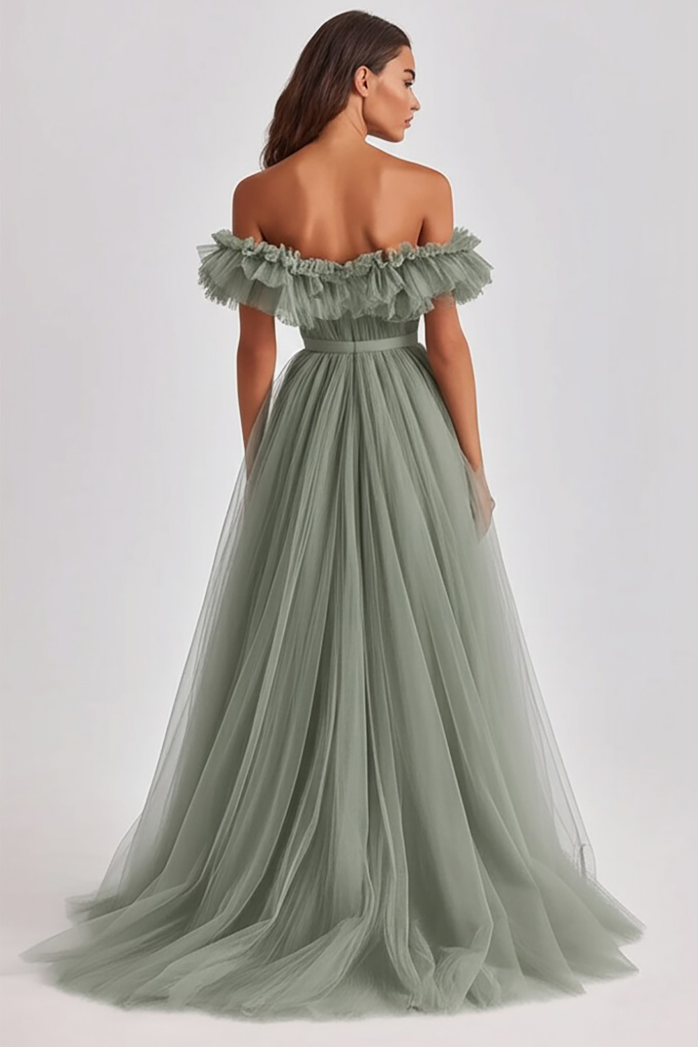 Dusty Sage A Line Tulle Long Wedding Guest Dress with Ruffles