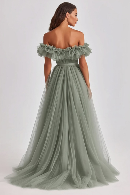 Dusty Sage A Line Tulle Long Wedding Guest Dress with Ruffles