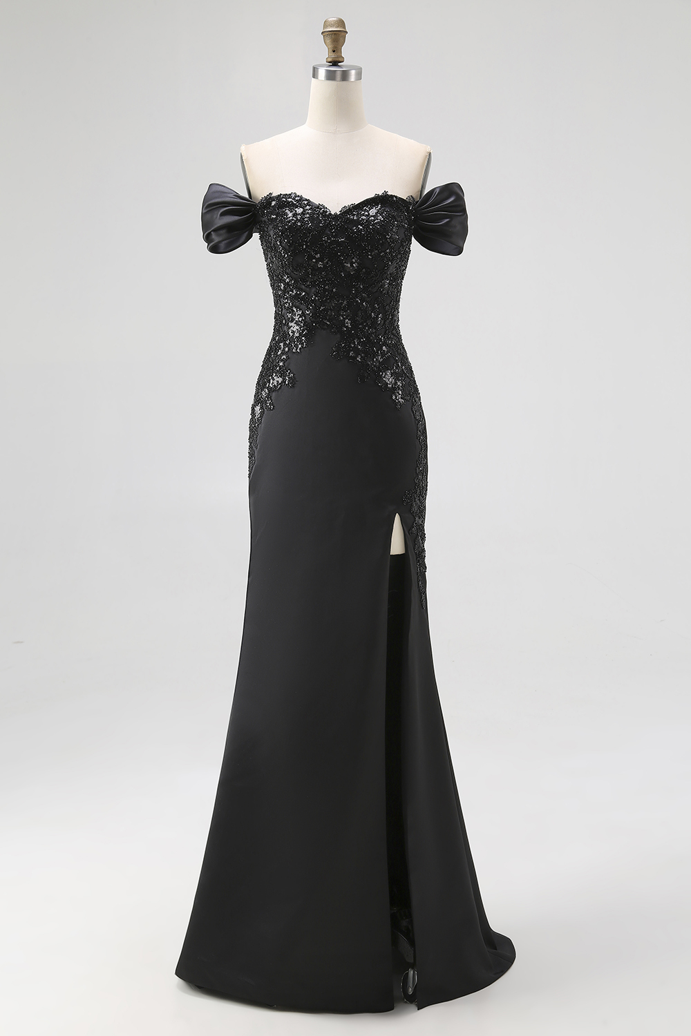 Off the Shoulder Appliqued Maxi Satin Black Tie Dress with Slit