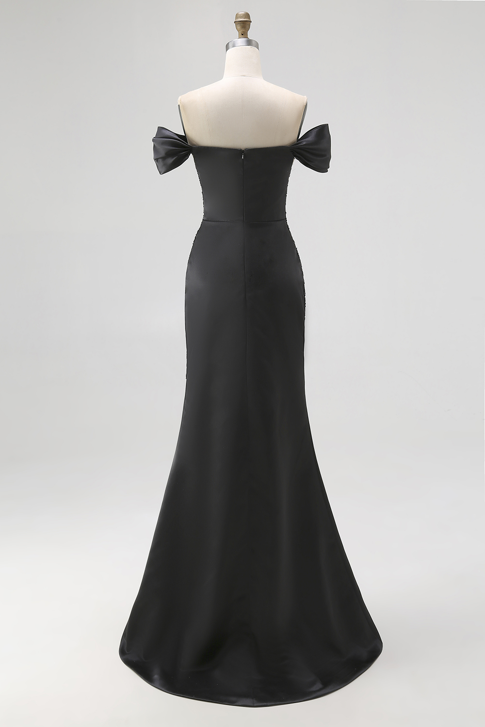 Off the Shoulder Appliqued Maxi Satin Black Tie Dress with Slit