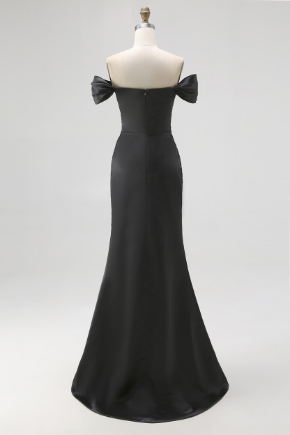 Off the Shoulder Appliqued Maxi Satin Black Tie Dress with Slit