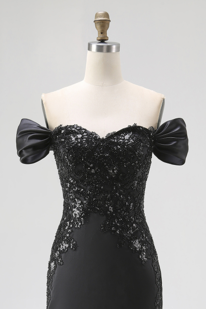 Off the Shoulder Appliqued Maxi Satin Black Tie Dress with Slit