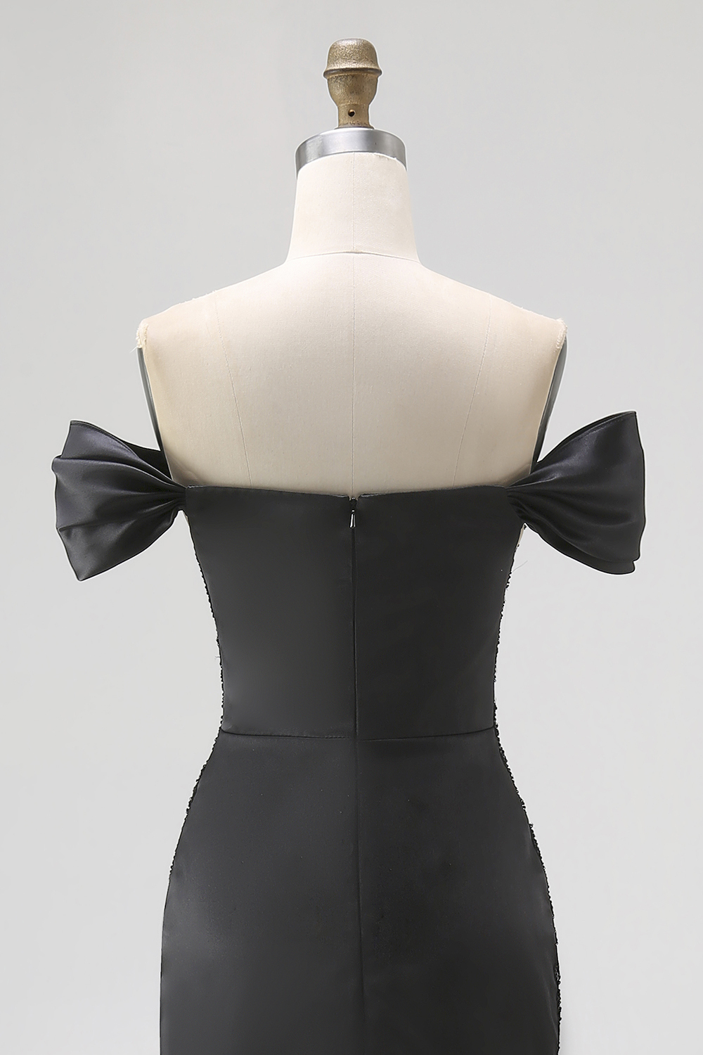 Off the Shoulder Appliqued Maxi Satin Black Tie Dress with Slit