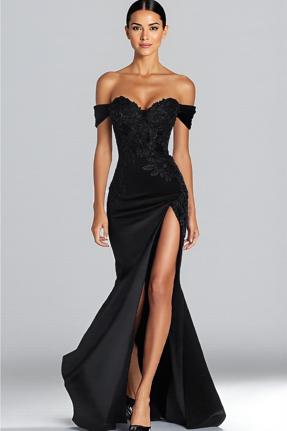 Leely Women Satin Mermaid Sweetheart Maxi Formal Dress with Slit Off the Shoulder Appliqued Black Tie Gala Dress
