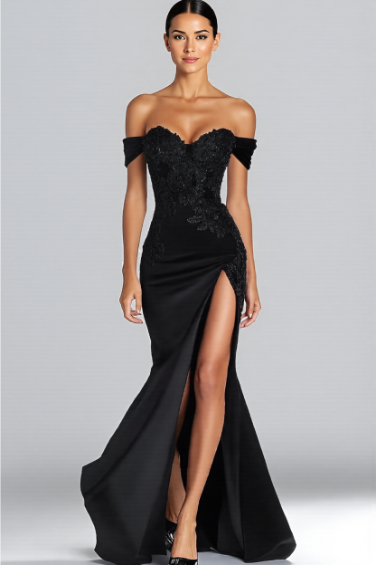Leely Women Satin Mermaid Sweetheart Maxi Formal Dress with Slit Off the Shoulder Appliqued Black Tie Gala Dress