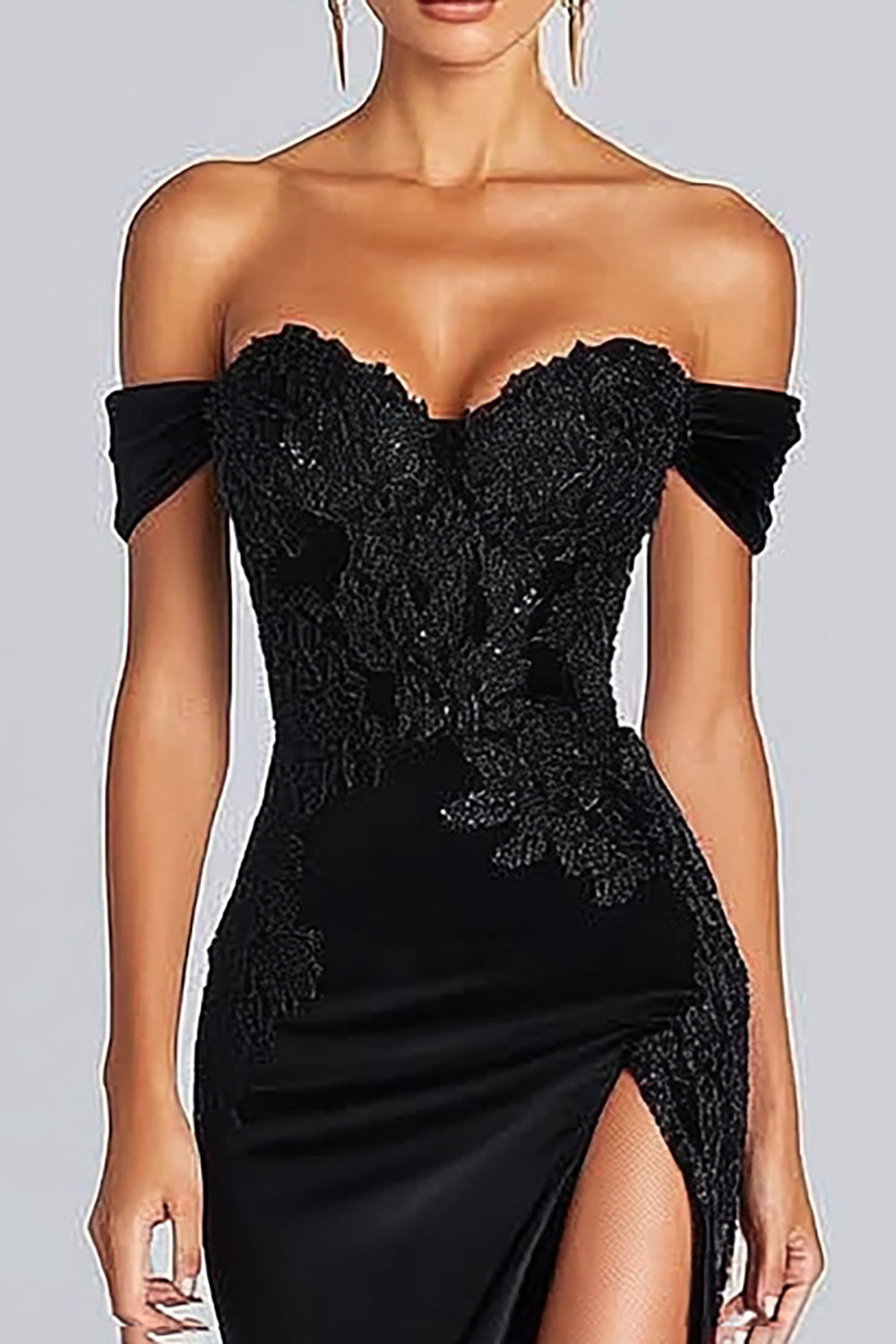 Off the Shoulder Appliqued Maxi Satin Black Tie Dress with Slit