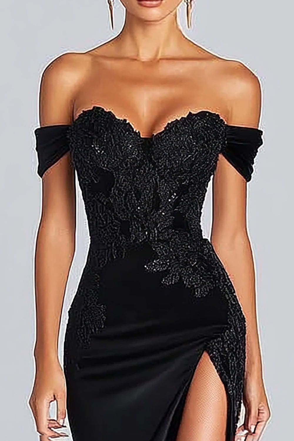 Off the Shoulder Appliqued Maxi Satin Black Tie Dress with Slit