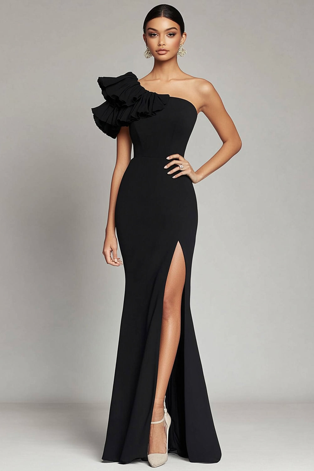 One Shoulder Ruffled Maxi Satin Black Tie Dress with Slit