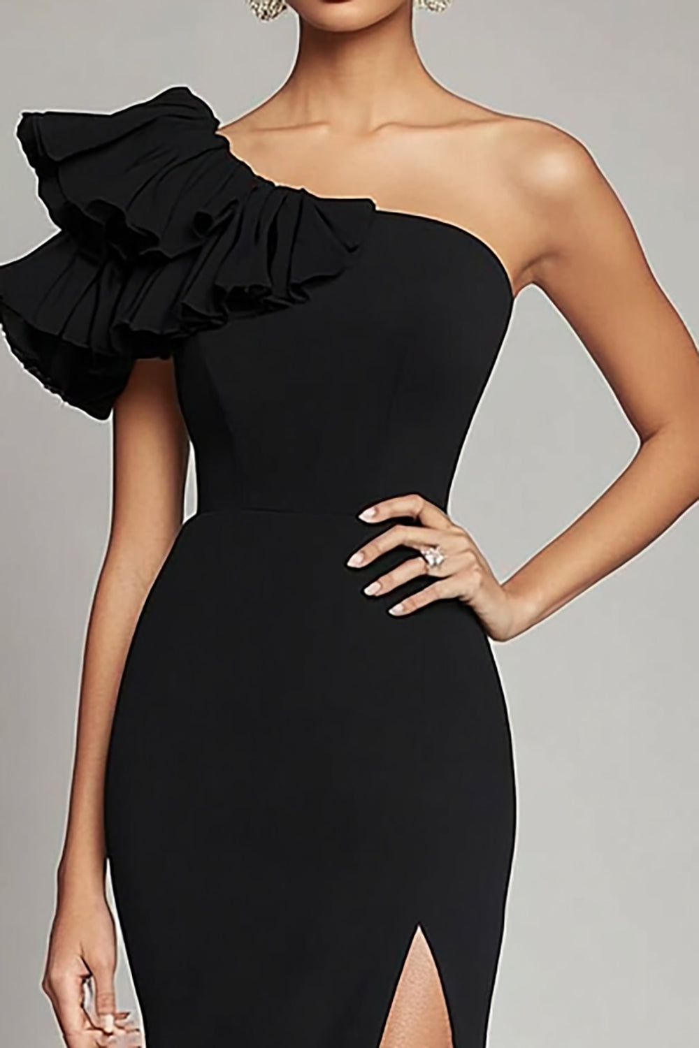 One Shoulder Ruffled Maxi Satin Black Tie Dress with Slit