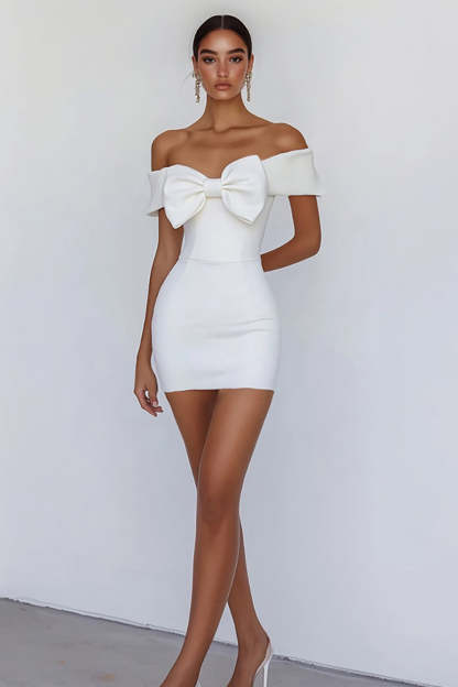 Leely Women White Bodycon Satin Mini Graduation Dress with Bow Off the Shoulder Short Rehearsal Dinner Dress