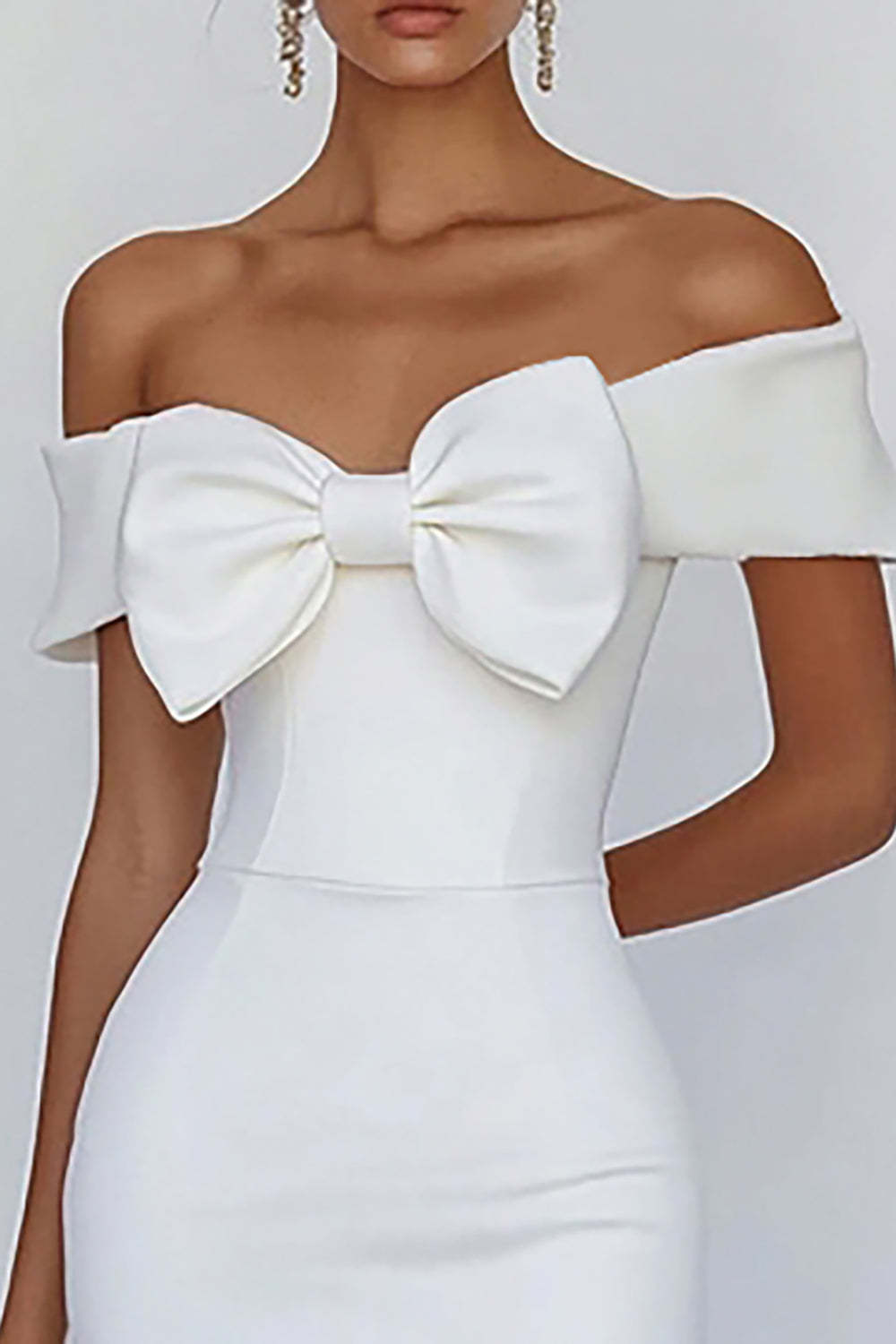 White Bodycon Satin Off the Shoulder Mini Graduation Dress with Bowknot