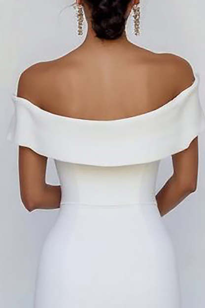 White Bodycon Satin Off the Shoulder Mini Graduation Dress with Bowknot