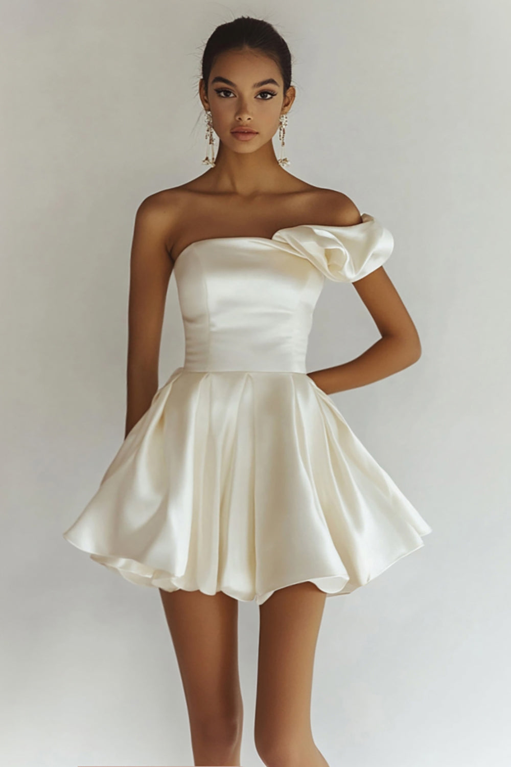 Mini White A Line Satin One Shoulder Graduation Dress