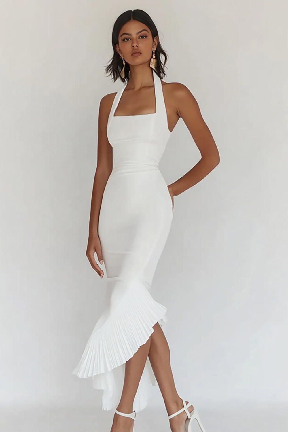 White Sheath Satin Halter Asymmetrical Graduation Dress