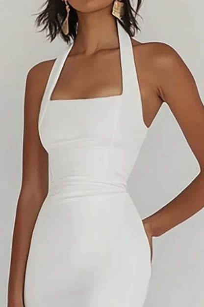 White Sheath Satin Halter Asymmetrical Graduation Dress
