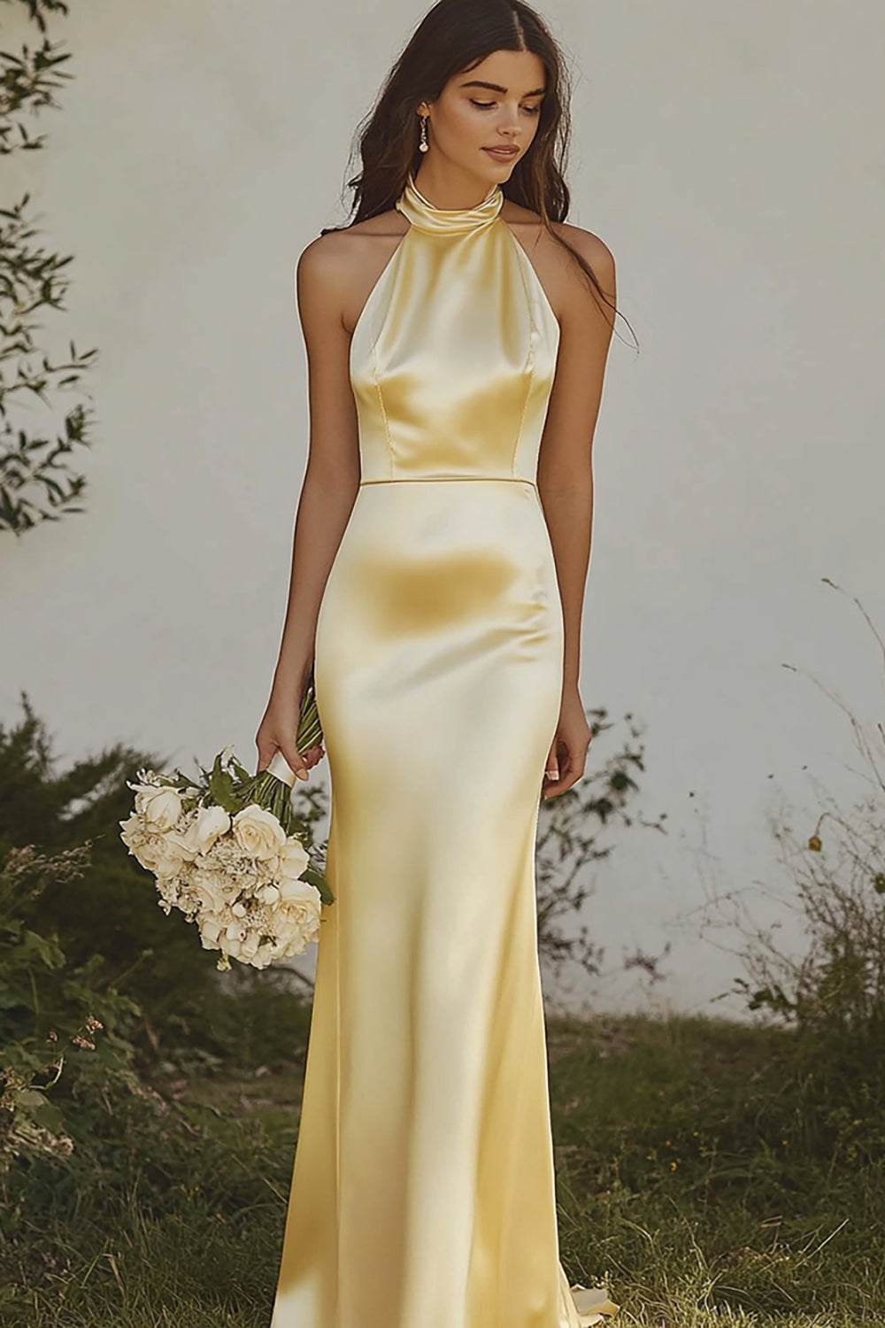 Elegant Light Yellow Sheath Halter Long Satin Bridesmaid Dress