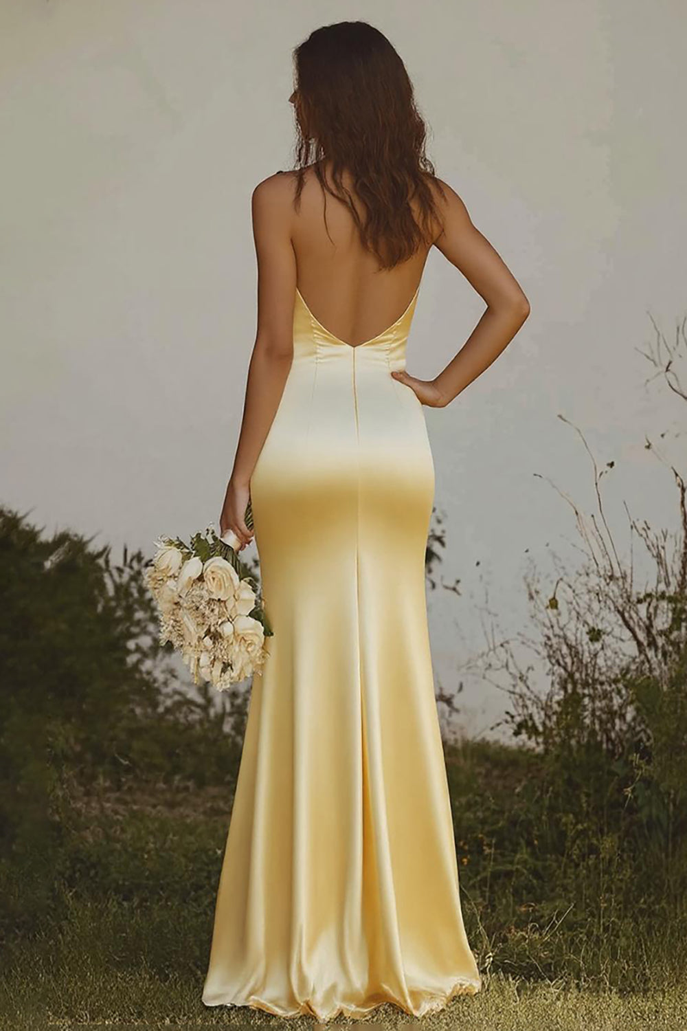 Elegant Light Yellow Sheath Halter Long Satin Bridesmaid Dress
