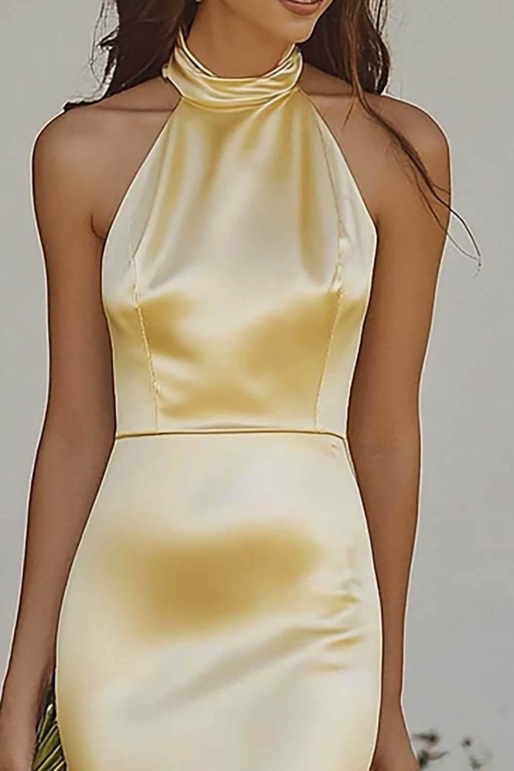 Elegant Light Yellow Sheath Halter Long Satin Bridesmaid Dress