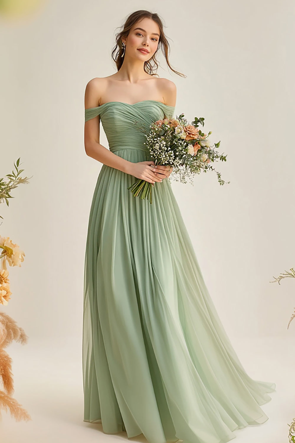 Dusty Sage A Line Off the Shoulder Pleated Long Bridesmaid Dress