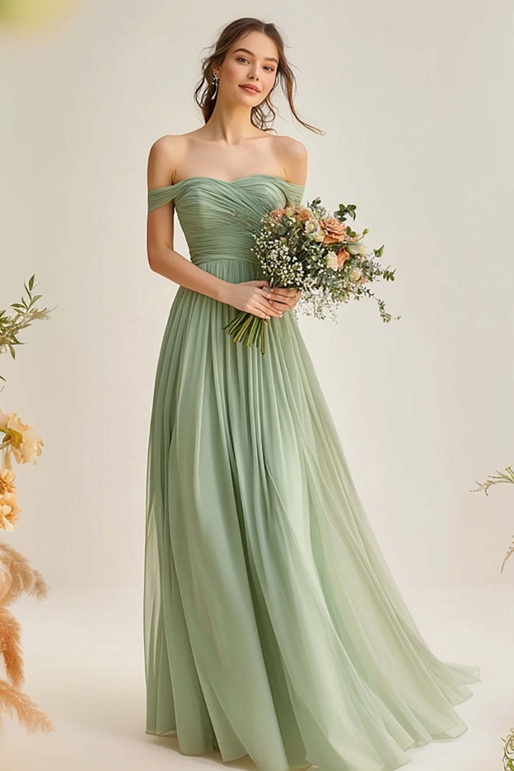 Leely Women Dusty Sage A Line Tulle Pleated Bridesmaid Dress Off the Shoulder Sweetheart Long Wedding Guest Dress