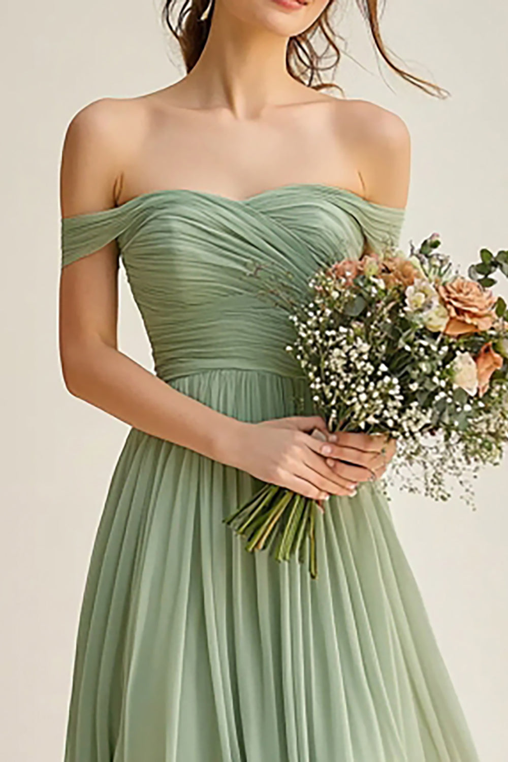 Dusty Sage A Line Off the Shoulder Pleated Long Bridesmaid Dress