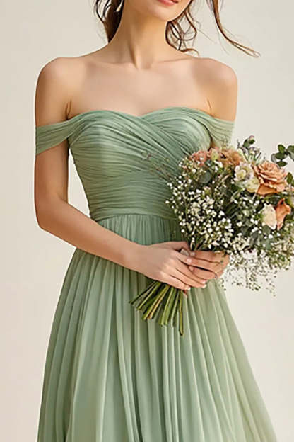 Dusty Sage A Line Off the Shoulder Pleated Long Bridesmaid Dress