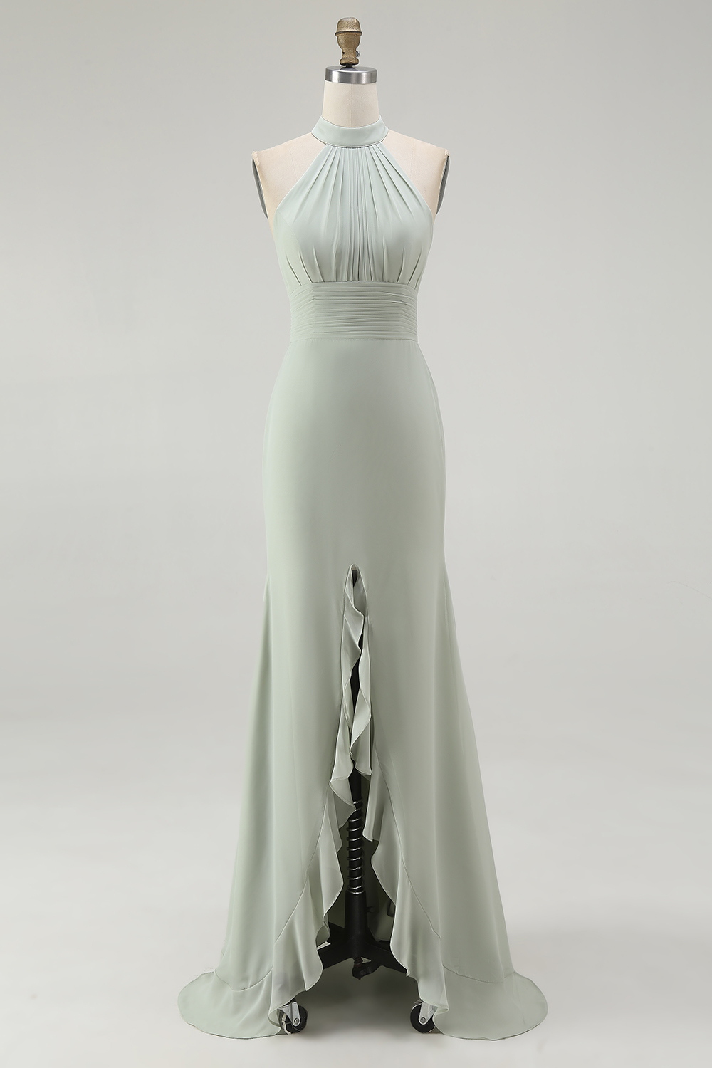 Dusty Sage Sheath Chiffon Ruched Halter Long Bridesmaid Dress with Slit