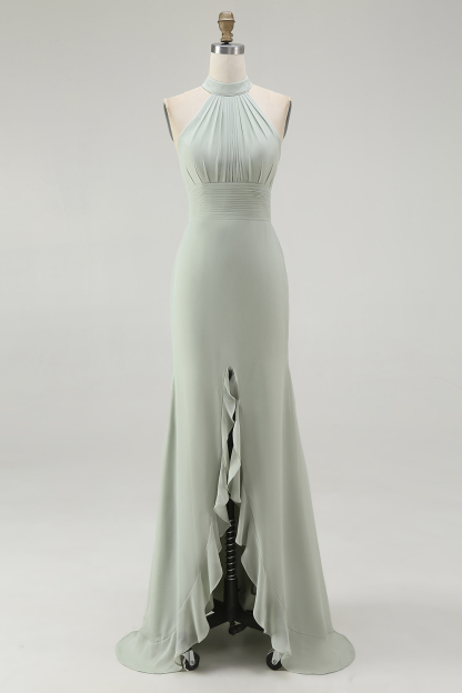 Dusty Sage Sheath Chiffon Ruched Halter Long Bridesmaid Dress with Slit